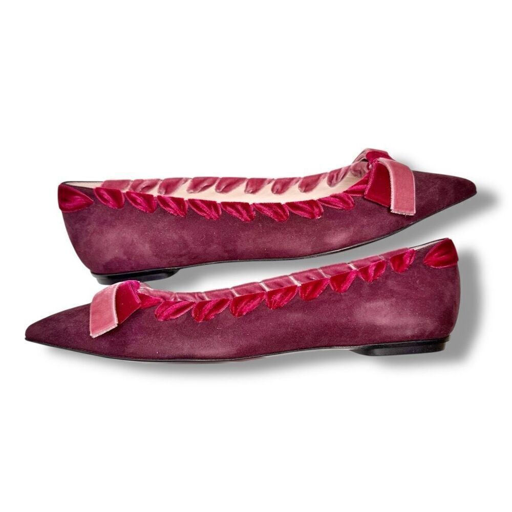 Fendi Burgundy Suede Velvet Ribbon Stitch Bow Pointed Toe Ballet Flats Size 38 - Picture 4 of 11